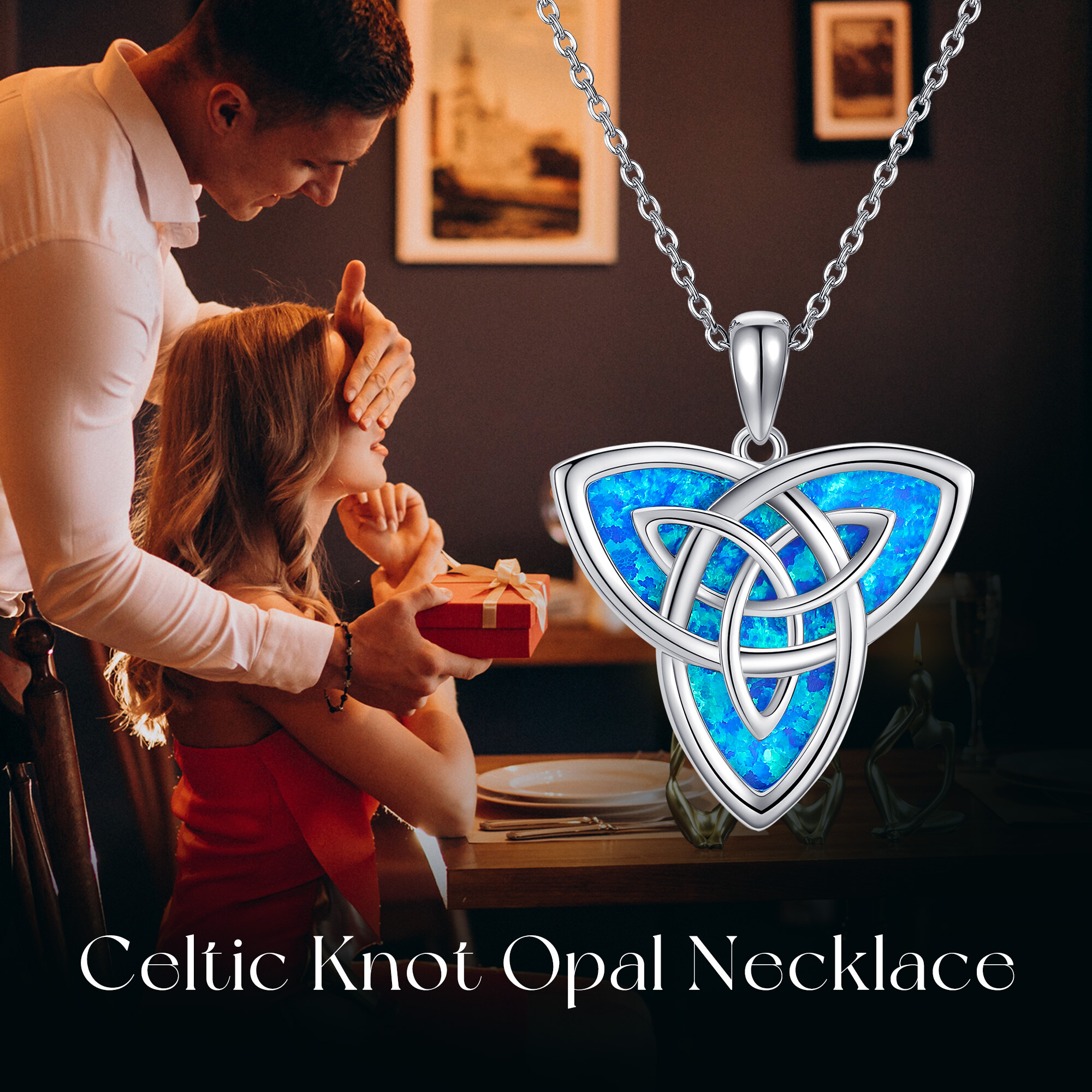 925 Sterling Silver Celtic Knot Synthetic Opal Necklace